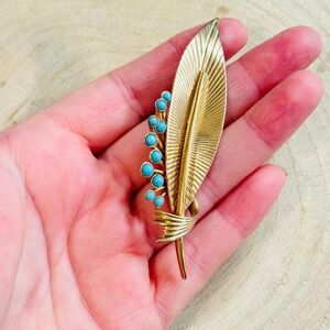 Art Deco Marcel Boucher leaf Pin Brooch VTG blue cabochon Estate Rare Gold Tone